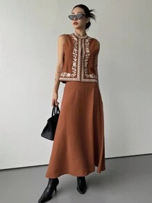 DAZY 女士夏季休闲刺绣领无袖上衣和半裙两件套家居服套装，女士短款套装 - 亮橙色 - 查看 5