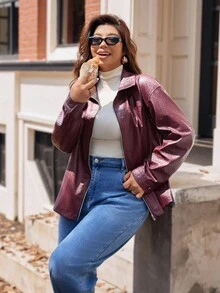 Vionelle 大码女式法式休闲针织纹理长袖夹克大码皮夹克女士皮夹克大码机车夹克女士大码夹克大码摩托车夹克 - 酒紅色 - 查看 5