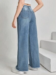 SHEIN 青少年女孩紙袋腰闊腿牛仔褲 - 中等水洗藍 - 查看 2
