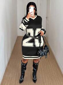 Plus Size Contrast Color Splice Number Print Dress Fall Cloth For Women - Black and White - View 3