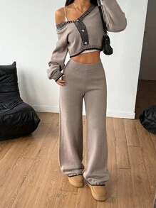SHEIN PETITE Women's Woolen Loose Home Two Pieces Suit Home Comfortable Leisure Suit Two Pieces Set Women 2 Pieces Lounge Sets Women Pants Two Pieces Set Brown Two Pieces Set Comfortable Two Pieces Set Sweater Outfits Fall And Winter Two Pieces Pants Set Knit Two Pieces Set Beige Two Pieces Set, - Khaki - View 1