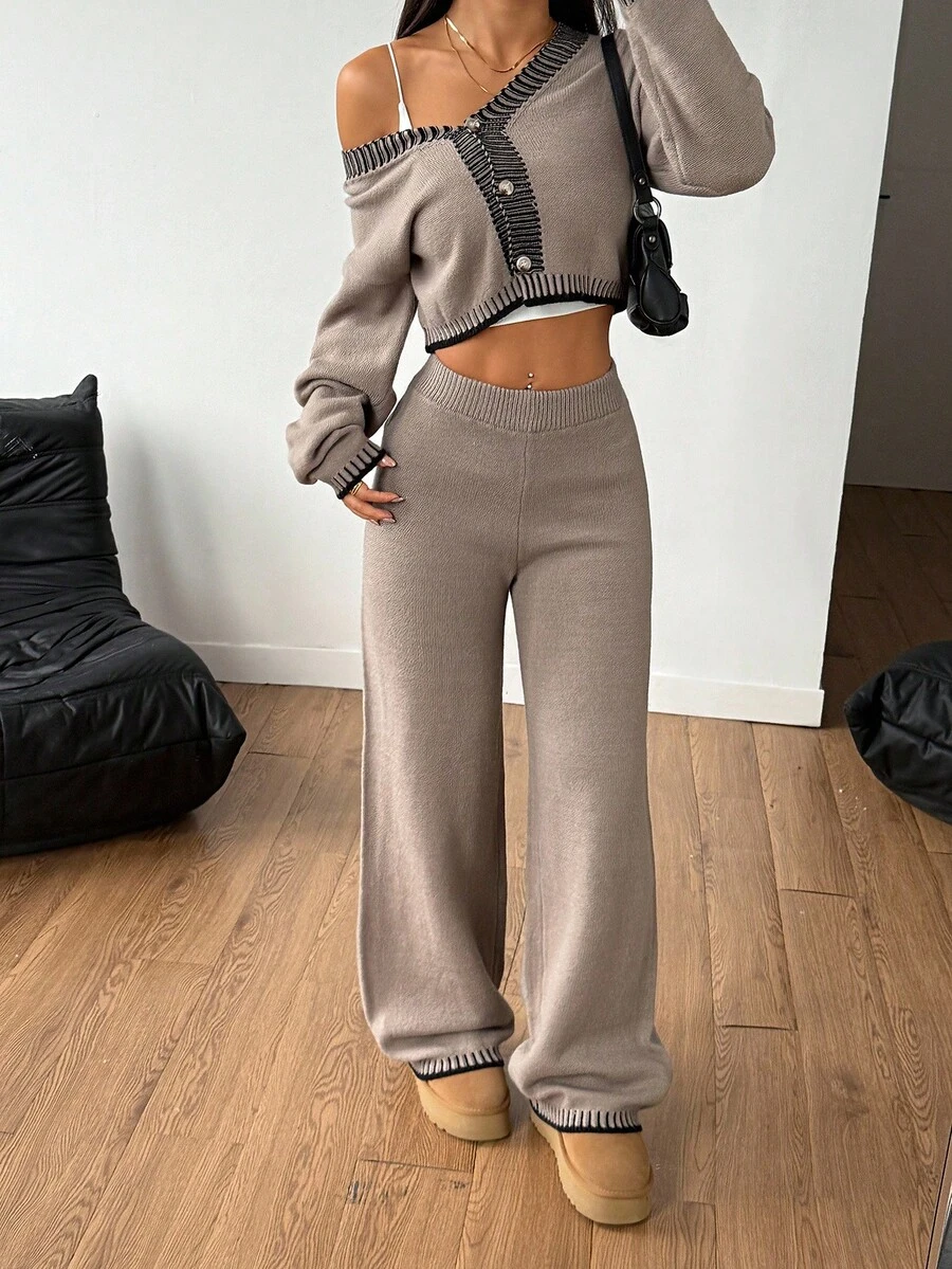 SHEIN PETITE Women's Woolen Loose Home Two Pieces Suit Home Comfortable Leisure Suit Two Pieces Set Women 2 Pieces Lounge Sets Women Pants Two Pieces Set Brown Two Pieces Set Comfortable Two Pieces Set Sweater Outfits Fall And Winter Two Pieces Pants Set Knit Two Pieces Set Beige Two Pieces Set, - Khaki - View 1