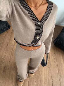 SHEIN PETITE Women's Woolen Loose Home Two Pieces Suit Home Comfortable Leisure Suit Two Pieces Set Women 2 Pieces Lounge Sets Women Pants Two Pieces Set Brown Two Pieces Set Comfortable Two Pieces Set Sweater Outfits Fall And Winter Two Pieces Pants Set Knit Two Pieces Set Beige Two Pieces Set, - Khaki - View 4