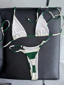 Swim Vcay Red & White Striped Micro-Bikini, Thong Swimsuit, Sexy Style For Summer Beach Vacation - Multicolor - View 2