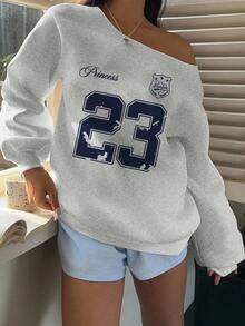 SHEIN EZwear 浅灰色女士不对称肩部23徽章字母印花宽松休闲长袖卫衣，适合秋冬街头风格、Y2K、机场 - 淺灰色 - 查看 4