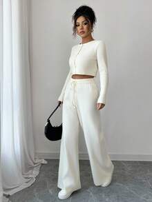 Modelyn Women's Solid Color Cropped Cardigan And Knit Pants 2 Pieces Set,Off-White Autumn Casual Lounge Fall Winter Long Sleeve Tall Knit Set For Women - White - View 5