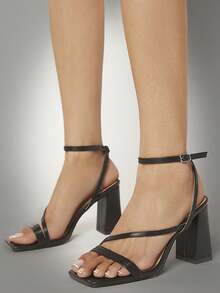 SHUZIA Ladies Solid Color Simple Daily High-Heeled Sandals - Black - View 2