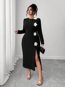 Elenzga Women's Plus Size Black And White 3D Floral Round Neck Straight Dress With Slit Hem,Waist Cinched,Elegant Autumn Dinner Casual Long Fall Dress - Black - View 4