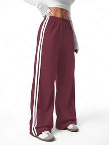 Sparklyn Teen Girls' Casual Striped Knit Drawstring Waist Loose Sweatpants - Burgundy - View 3