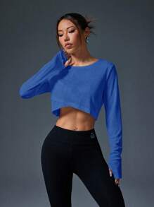 Easithlete 女式纯色圆领长袖短款休闲健身运动 T 恤女式运动短款上衣衬衫蓝色短款上衣长袖短款上衣蓝色健身上衣长袖健身短款上衣女式短款上衣女式蓝色健身上衣长袖健身上衣 - 寶藍色 - 查看 6