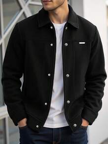 Manfinity Homme Men's Long Sleeve Solid Color Single-Breasted Loose Casual Overcoat, Old Money, Fall/Winter - Black - View 1