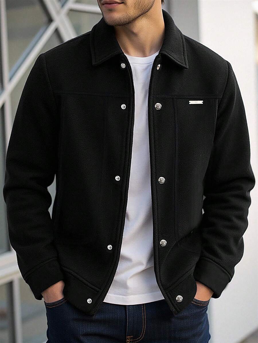 Manfinity Homme Men's Long Sleeve Solid Color Single-Breasted Loose Casual Overcoat, Old Money, Fall/Winter - Black - View 1