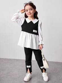 SHEIN 2 piezas Conjunto de blusa con mangas abullonadas y pantalones de bloque de color elegante para niña joven