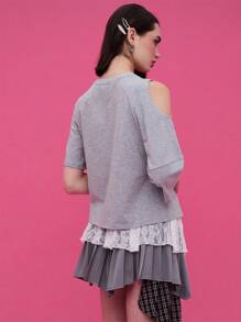 COUREZ Asymmetric Short Sleeve T-Shirt /Y2K Going Out Tops  Women Clothes  Clothes Cute - Grey - View 3
