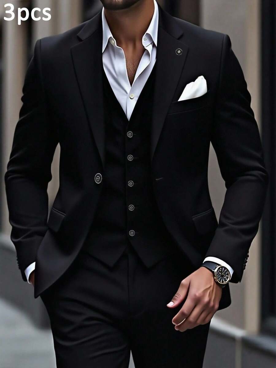 Manfinity Mode Conjunto de traje de blazer, chaleco y pantalones de unicolor para hombres de talla grande, formal, para ceremonia - Negro - Ver 1