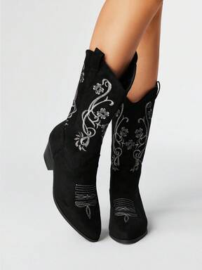Goth Women's Cowboy Boots, Fashion Pointed Toe Embroidered Thick Heel Black Western Boots, Spring/Autumn New Arrival