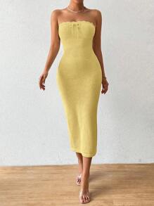 Chiquease Váy Bandeau dệt kim gợi cảm mùa thu/đông dành cho nữ, phong cách nghỉ dưỡng - Màu Mù tạt vàng - Xem 8