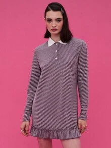 COUREZ Rugby Polo Shirt Mini Dress With Frill Hem /Y2K Going Out Outfits Fall Women Clothes Fall Clothes Cute Winter Clothes Back To School Date Outfits