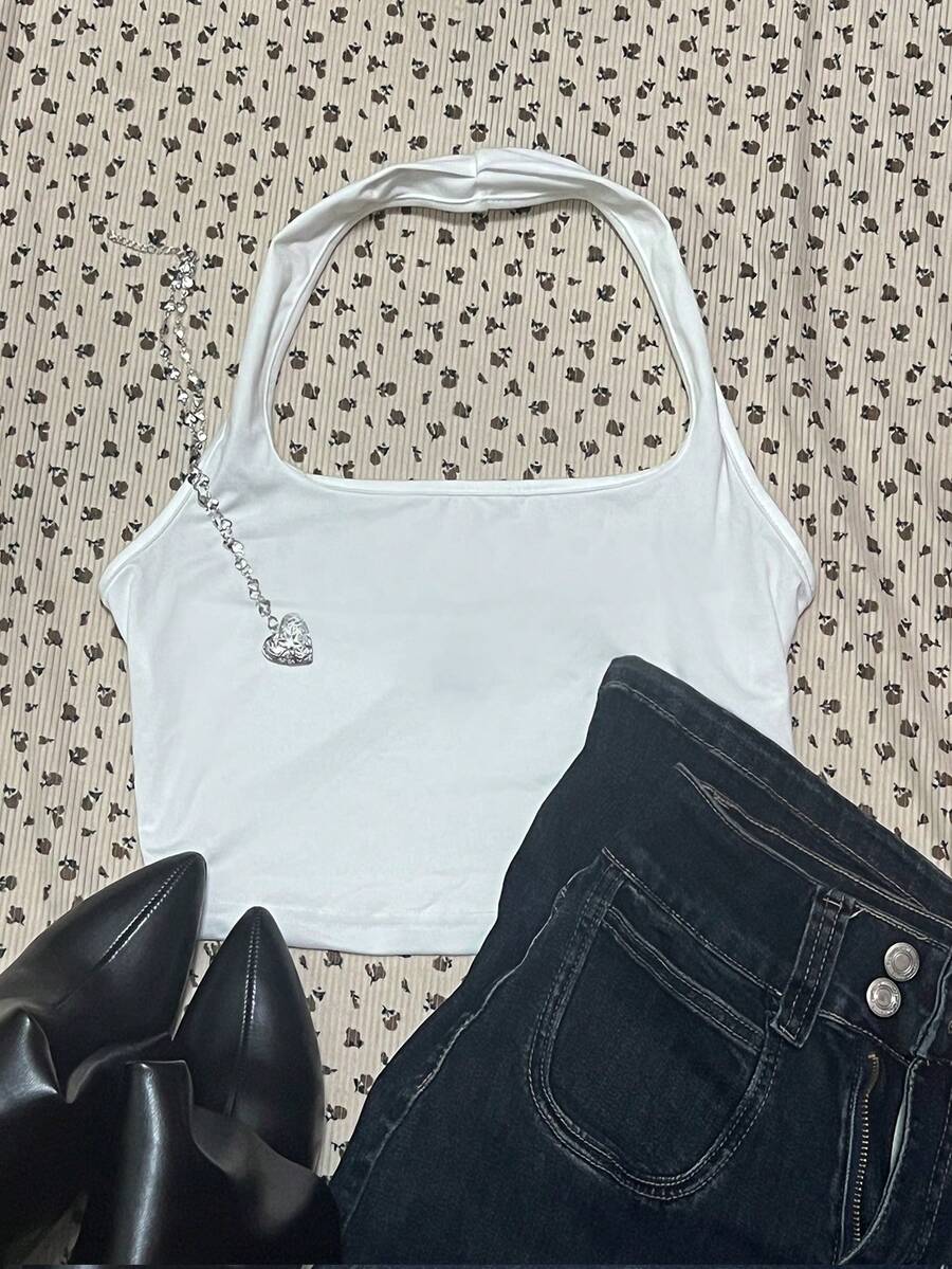 SHEIN EZwear 休闲性感女式白色露背背心，适合夏季