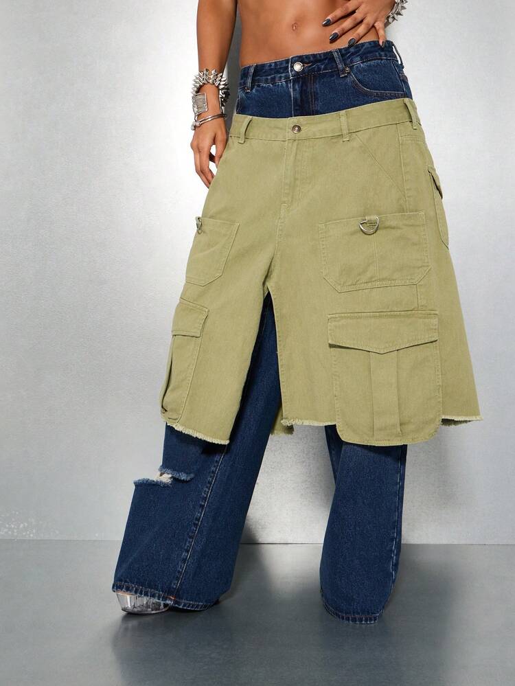 SUMWON WOMEN Two Tone Cargo Denim Jeans With Patchwork Design