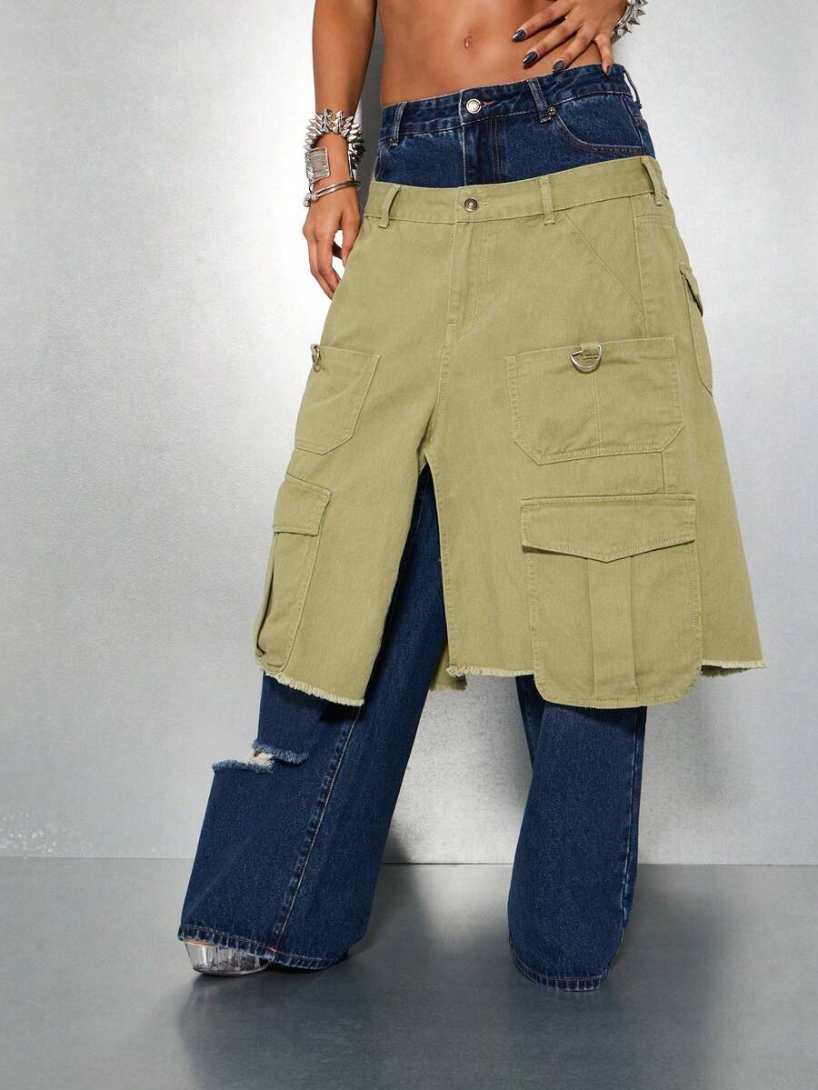 SUMWON WOMEN Quần Jeans Denim Cargo Phối Túi Ống Rộng Baggy Y2K Grunge Festival Quần Jeans Rách Hai Tông Màu Cạp Vừa Thoải Mái Phong Cách Đường Phố Trượt Ván Thời Trang Thu - Màu xanh lam - Xem 1