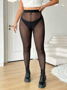 SHEIN EZwear 加大码黑色透明紧身裤，弹力紧身打底裤，适合圣诞节、新年、派对、情人节等场合穿着 - 黑色 - 查看 5