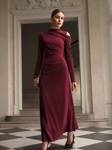 ZEYLAH Asymmetric Shoulder Hollow Out Waist Cinched Long Elegant Dress, Christmas Dress, Red Dress, New Year Dress
