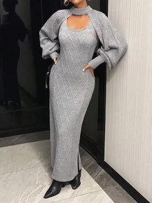 EURMUSE Váy Maxi Họa Tiết Kim Cương Dệt Kim Màu Xám Kèm Áo Khoác Có Thể Tháo Rời - Xám - Xem 5