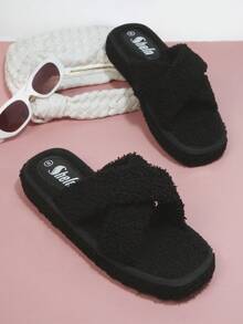 Zapatillas de peluche con tira cruzada con tira - Negro - Ver 5