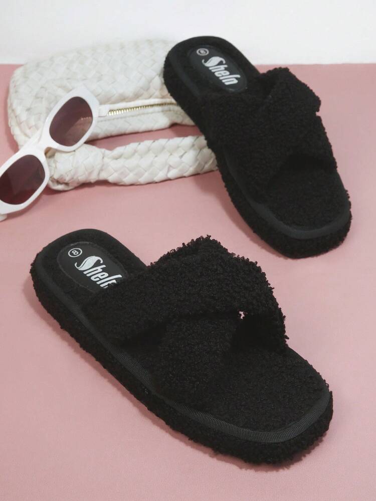 Fuzzy Criss Cross Strap Slippers