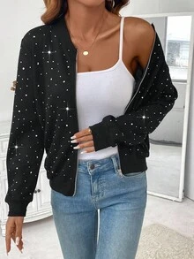 EMERY ROSE Women's Elegant Rhinestone Embellished Casual Baseball Jacket, Autumn/Winter - Black - View 8
