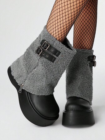 Grunge Punk Black Furry Boots With Side Zipper, Belt Buckle, Rock Punk Goth Ankle Boots, Slip-On Short Tube Boots With Buckle Zipper, Platform Thick Sole Mid-Calf Boots, Casual Dark Punk Campus Wear