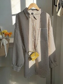 SHEIN CURVE+ Plus Size Women Striped Print Drop Shoulder Pocket Applique Shirt - Multicolor - View 7