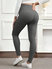 SHEIN 女士高弹力针织裹腹休闲时尚侧口袋孕妇紧身裤 - 灰色 - 查看 2