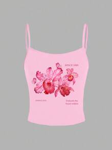 SHEIN EZwear Lässiges, minimalistisches, schmal geschnittenes Camisole-Tank Top mit rosa Blumen Muster für Damen, Sommer