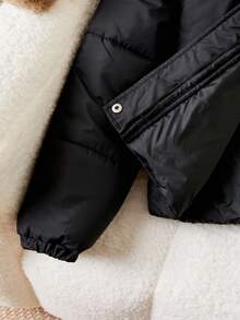 Teen Girl Casual Thickened Padded Coat,Black Winter Streetwear,Resin Zipper,Black Buttons,Simple Fabric,Oblique Pockets,Suitable For Commuting,Travel - Black - View 8