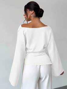 Firerie Boat Neck Flare Sleeve Gathered Waist Office Lady Apricot Blouse, Minimalist Elegant Daily Commute Satin Asymmetric Ruched Collar Flare Sleeve Blouse For Women, Office Wear Chic White Shirt - White - View 7