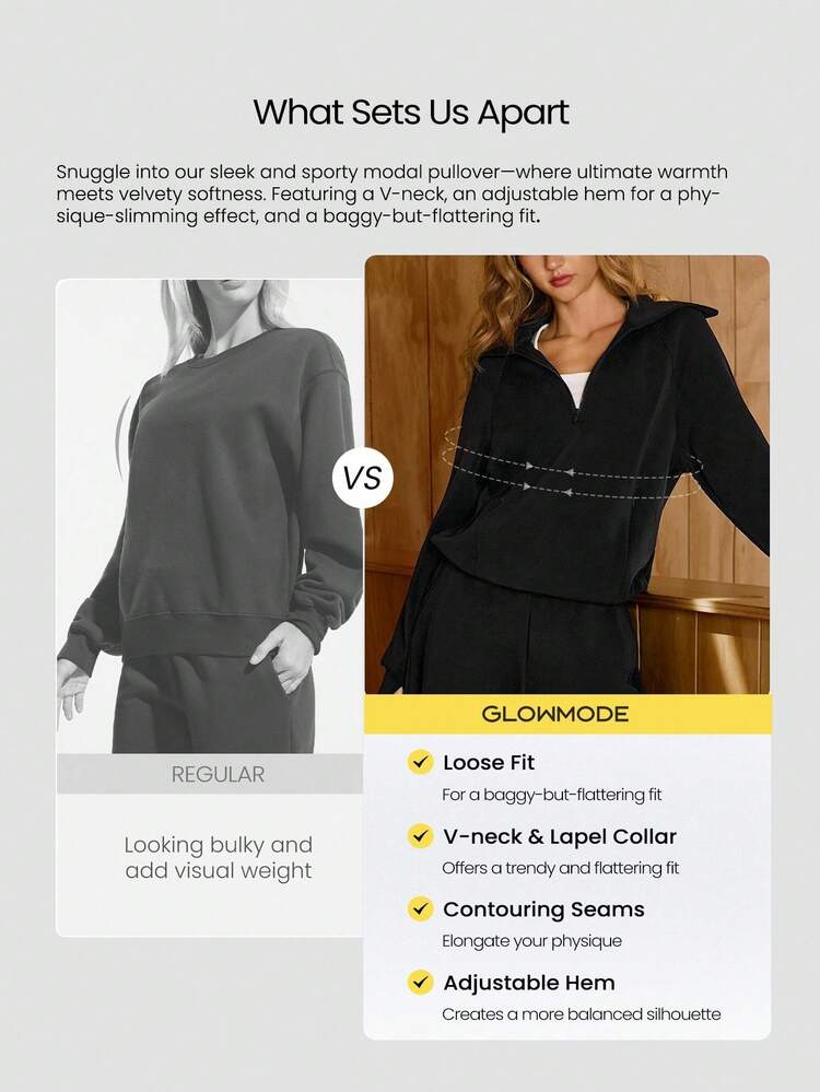 Modal Get Comfy Ultra-Soft Smooth Loose Fit Contour Seams Adjustable Hem Zipper Pockets Half-Zip Pullover Daily Casual Wear Fall Winter