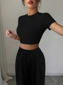 Selianne 女士實色短袖上衣和長褲夏季休閑兩件套裝 - 黑色 - 查看 4