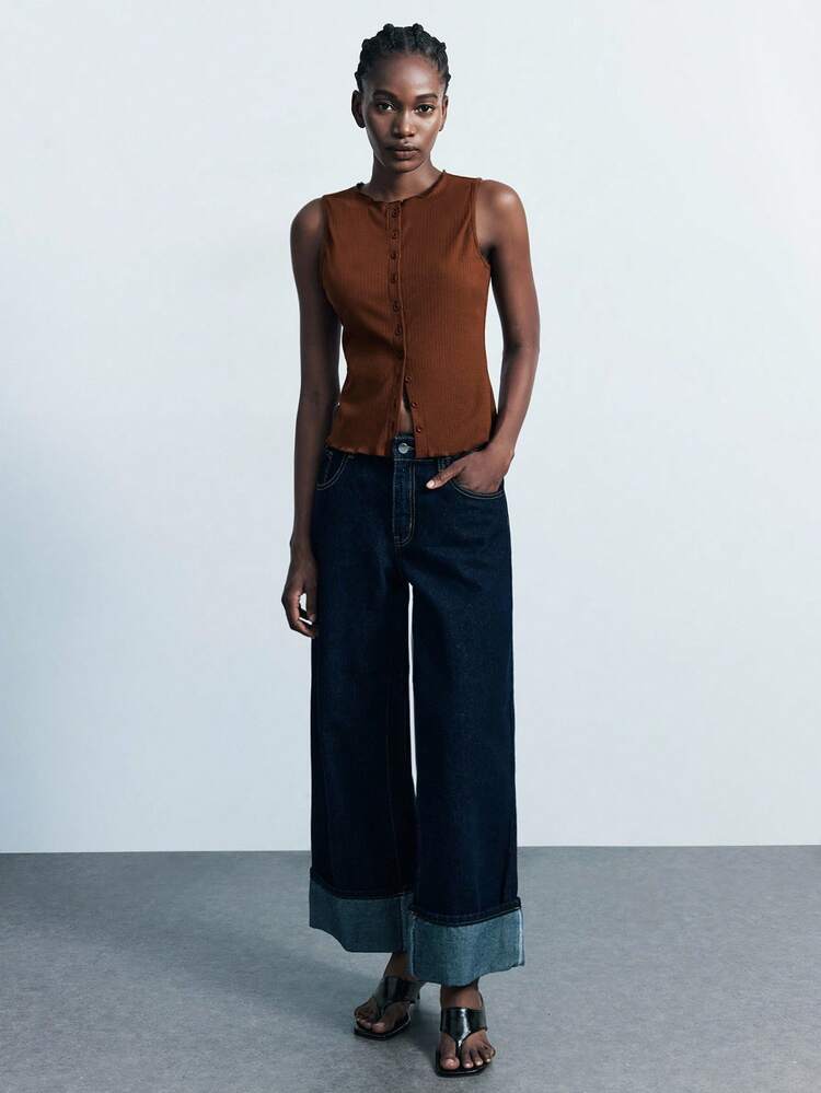 SHEIN Maija 2025 Modern City Ribbed Sleeveless Open Front Cardigan Top, Suitable For Back To School Season Brown Ribbed Top Rust Brown Tank Top Button Up Tank Top Brown Button Up Top Ribbed Tank Top Christmas Going Out, Fall For Women, Winter For Women, Winter, Night Out, Going Out Tops Women, Night Out, Date Night, Old Money Style