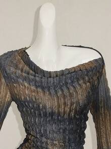 SHEIN ICON 秋季女式西部波西米亚风复古哥特露肩外出扎染印花不对称下摆长袖喇叭袖时尚T恤 - 彩色 - 查看 7