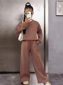 Sparklyn Tween Girls Casual All-Match Versatile Daily School Sports Street Acid-Washed Loose Cropped Sweatshirt + Wide Leg Pants Set Fall Winter - Brown - View 3