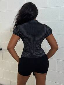 Alexandranx Áo crop top tay ngắn sọc đen trắng phong cách Mỹ cổ điển, ôm sát, áo cánh đa năng cho nữ - màu đen - Xem 2