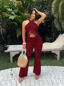 SHEIN SXY 度假性感露背挂脖流苏连体裤 - 酒紅色 - 查看 6