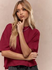 MISSGUIDED 超大码 T 恤短款上衣厚重短袖宽松宽松剪裁休闲夏秋季时尚个性单品基本款衣橱必备单品 - 酒紅色 - 查看 3
