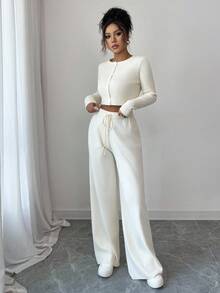 Modelyn Women's Solid Color Cropped Cardigan And Knit Pants 2 Pieces Set,Off-White Autumn Casual Lounge Fall Winter Long Sleeve Tall Knit Set For Women - White - View 7