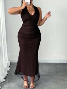 SHEIN PETITE Mesh Double Layer Halter Maxi Fish Tail Dress, Elegant Plus Size & Petite Summer Dress - Multicolor - View 4