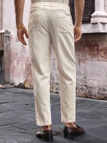 Manfinity VCAY Calça de Terno Casual Masculina de Veludo Canelado, Cintura Média, Ajuste Afunilado, Old Money - Branco - Visão 2