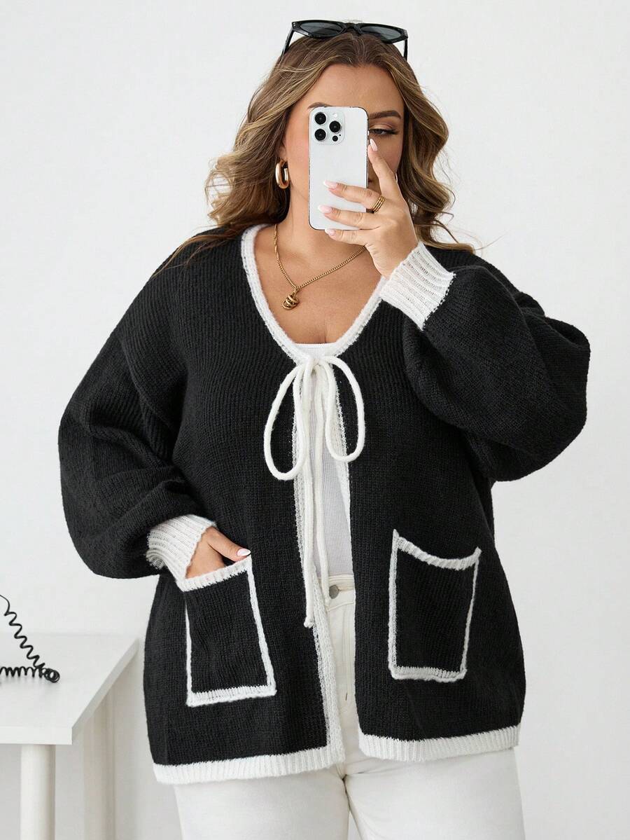 SHEIN CURVE+ Plus Size Casual Loose Tie Pocket Long Sleeve Cardigans In Fall/Winter - Black - View 1