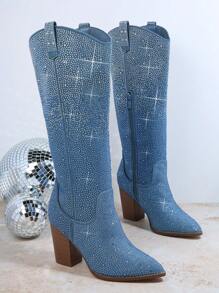 SHUZIA Rhinestone Decor Pointed Toe Chunky Heeled Boots